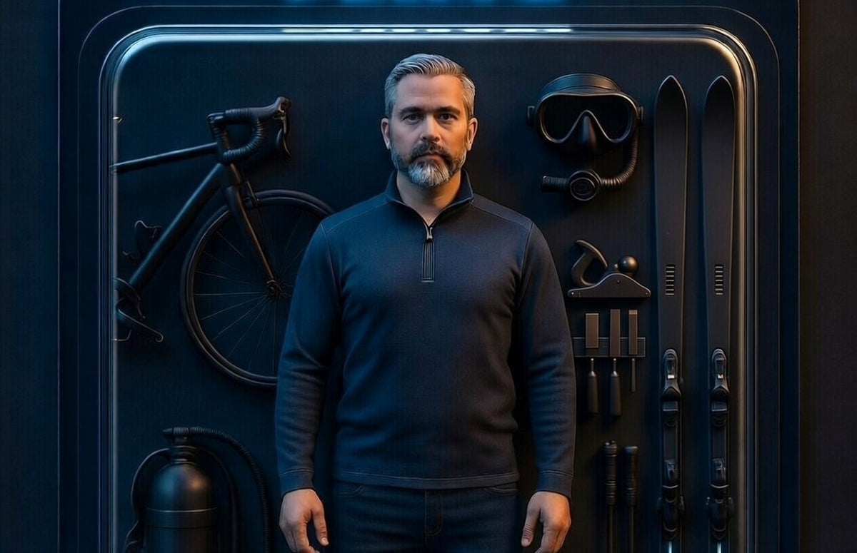 Martin Goetzinger standing in front of a wall of cycling, diving and outdoor gear